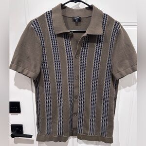 Express Men's Olive and Blue Patterned Button Down Sweater Polo